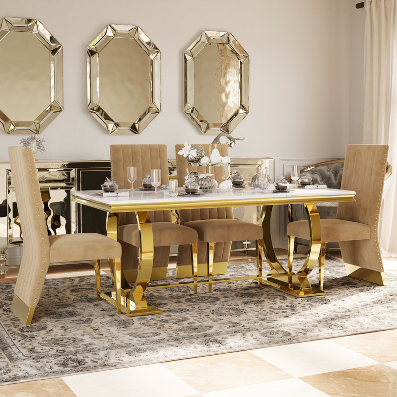5 Piece Luxury And Stylish Dining Table Set With 4 Leather Dining Chairs, Beige/Gold, Gold, Cream