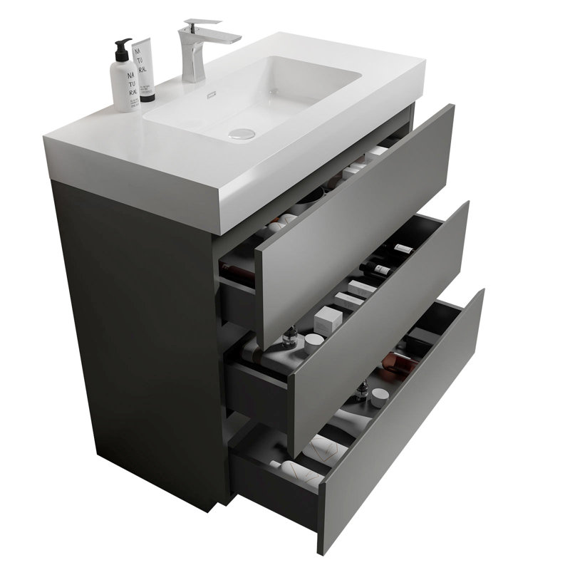 Meuble-lavabo sur pied simple Deandrick, Gris espace, Blanc lustré, 36"