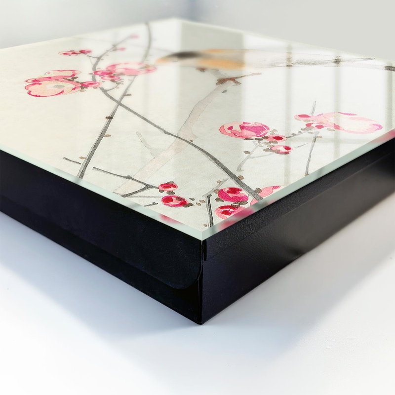 Decorative key box for wall, Opens to the left, 30x30x5, White, A bird on a branch, delicate flowers, subtle style, 