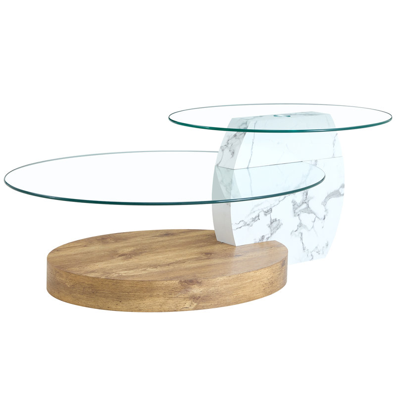 Table basse à double couche avec base en marbre blanc, verre trempé ovale, plusieurs couleurs, pieds stables, patins antidérapants créatifs et collision de grain de bois, support lisse, structure