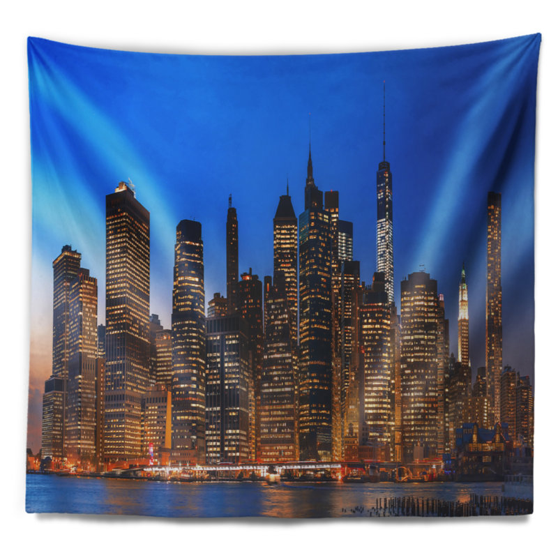 Tapisserie panorama new york night new york city avec accessoires suspendus inclus, H 50 po x l 60 po