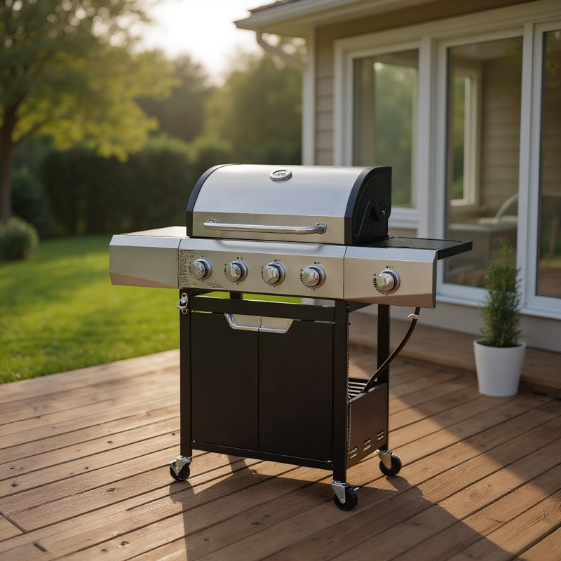 Stainless Steel 4-Burner Propane Gas Grill with Side Burner & Cover, Outdoor BBQ