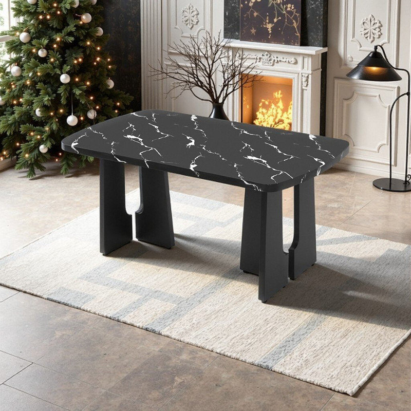 Table de salle à manger de 63 pouces en faux marbre avec base géométrique en MDF, Noir