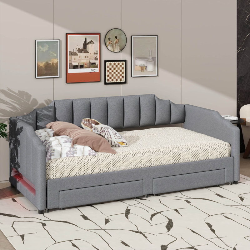 Twin XL Size Daybed With Built-In Compartment & Roll-Out Trundle, Upholstered Daybed With LED Lighting System, Gray