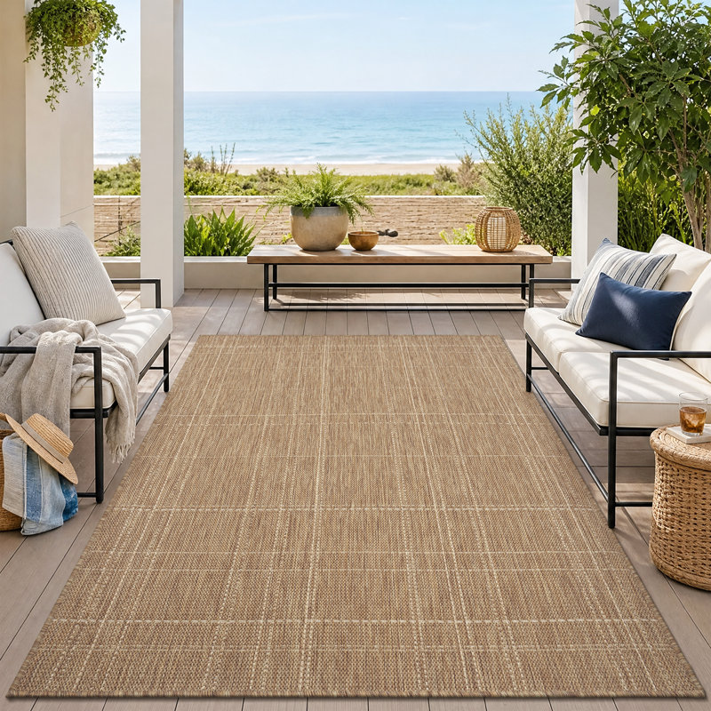 Tapis intérieur/extérieur géométrique beige/brun résistant aux UV, Rectangle 9 pi x 12 pi