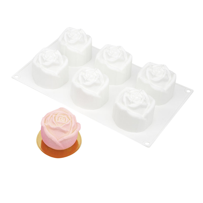 Moule à pâtisserie à 6 cavités pour restaurant, 1 moule à rose 3D prêt pour le four - flexible, congelable, moule à chocolat en silicone blanc, facile à libérer, pour faire des bonbons ou des chocolat