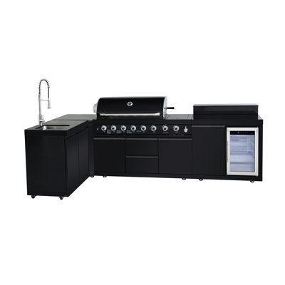 6 Îlot de barbecue au gaz 99000 avec évier, rangement et réfrigérateur, chauffage efficace, tiroirs spacieux, conception autoportante modulaire, noir, construction extérieure de style américain, design