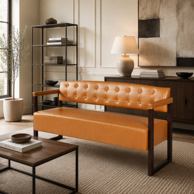 Ensemble de banc de salle d'attente 2 pièces, banc de réception de style Mid-Century moderne de 57,83 po avec dossier capitonné et garniture cloutée, banc commercial en similicuir pour salon de beauté, spa, bureau - BRUN FONCÉ