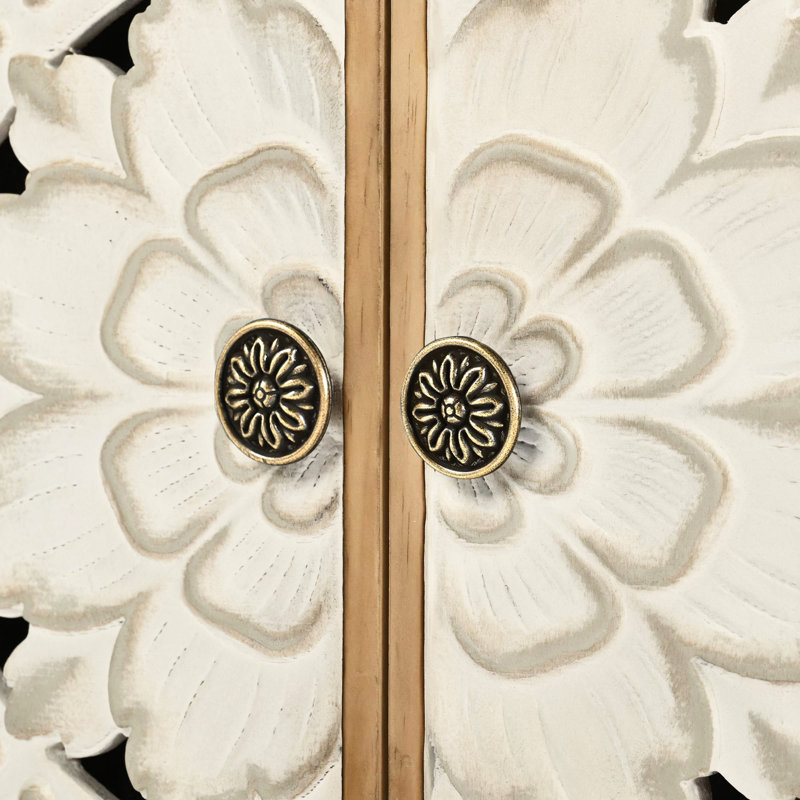 Carved Sideboard with Door and Solid Wood Legs, 32.3" H x 31.5" W x 15.8" D, Natural Brown/White