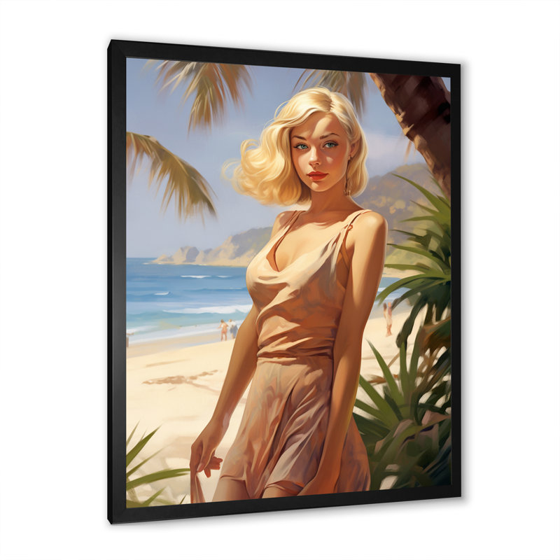 Beauté blonde marchant sur le rivage I, Cadre photo noir, H 32 po x l 24 po x P 1 po