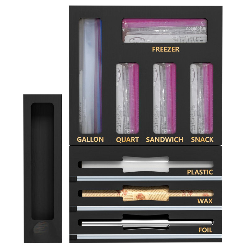 Organisateur de tiroir de sac de rangement en bambou 9 IN1 avec coupe, distributeur de papier d'aluminium et plastique