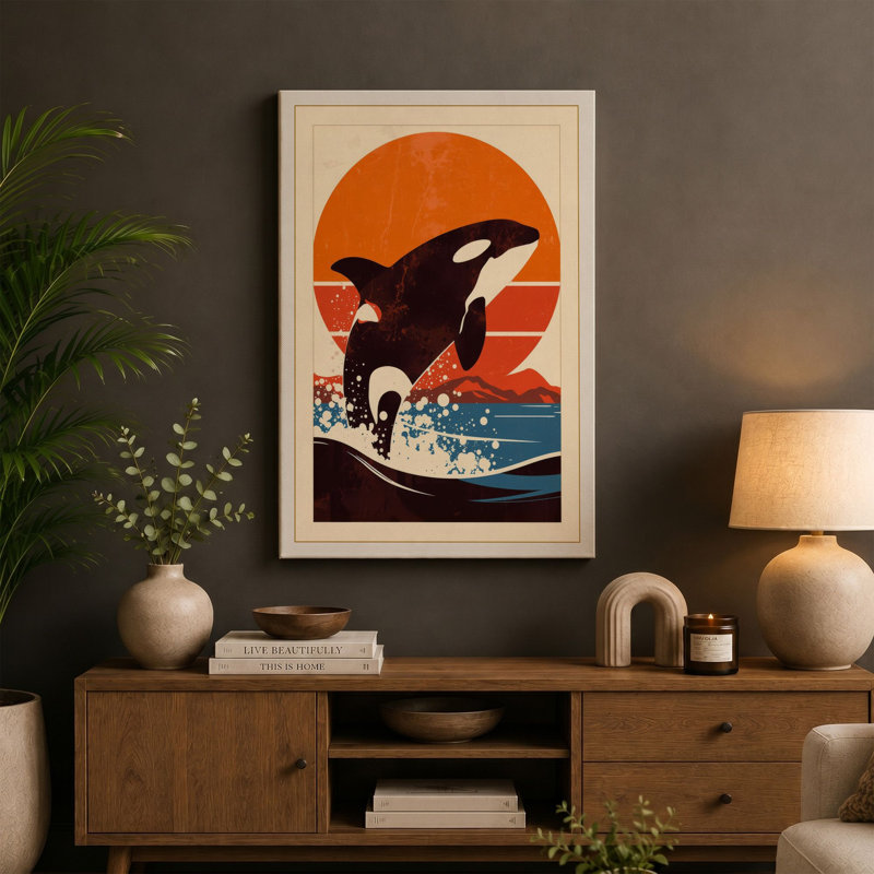 Leaping Orca at Sunset Art Deco - Wrapped Canvas, 18x12 - 45.7 x 30.5 cm, Sage Border