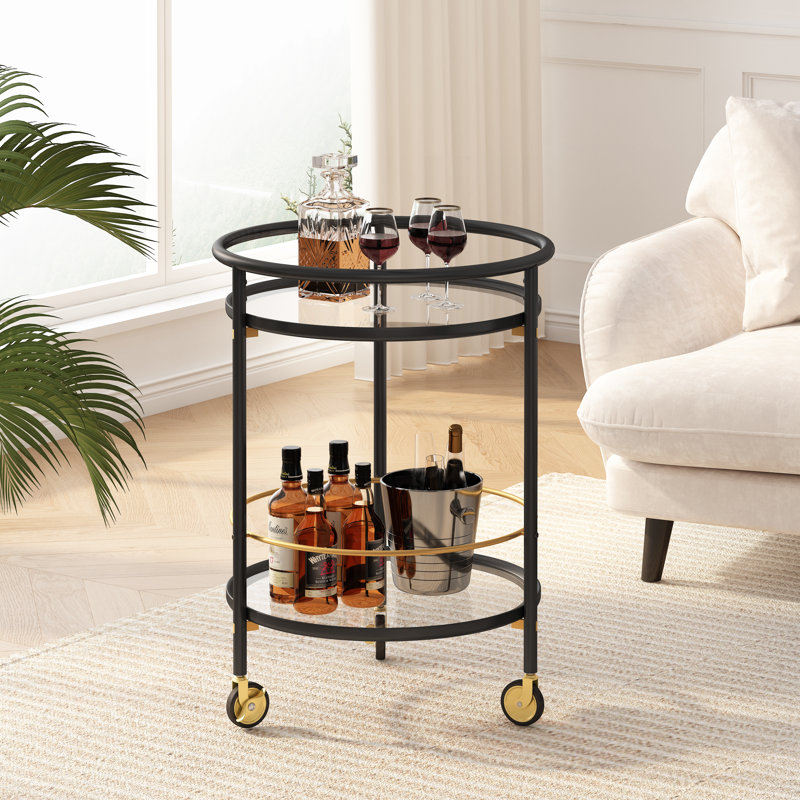 Luna Modern Round Bar Cart With Tempered Glass Shelves And Metal Accents, Black