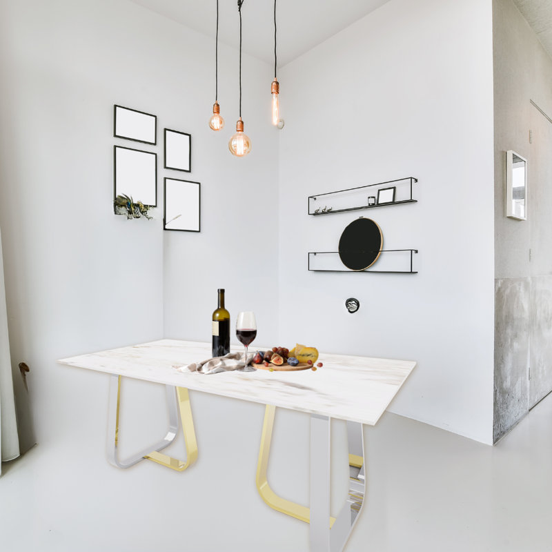 Ensemble de table de salle à manger en marbre crème Maribeth Luxury avec 6 chaises de 47 po et base en acier inoxydable de couleur or