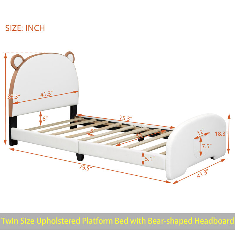 Lit plateforme simple tapissier avec tête et pied de lit en forme d'ours, blanc et brun, Blanc