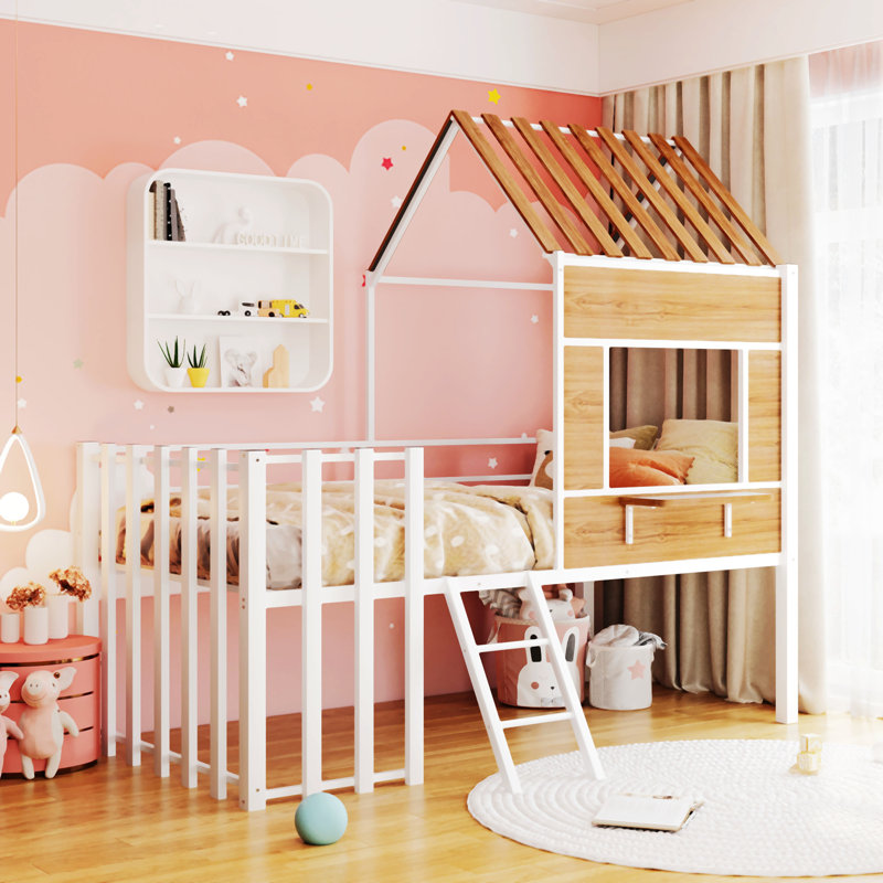 Lit mezzanine simple avec toit et échelle Loda, Blanc