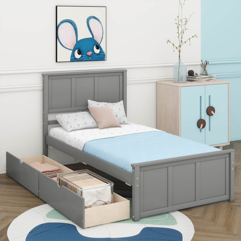 Lit plateforme avec rangement à deux tiroirs, Gris