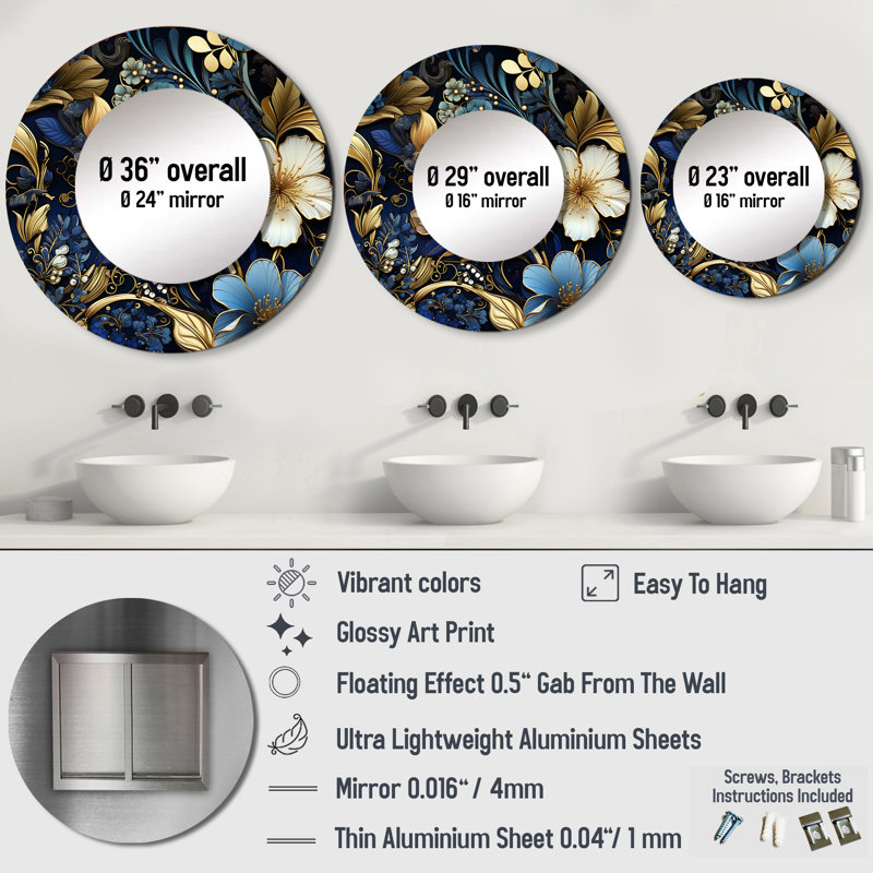 Motif victorien Ricah Cobalt Blue Nouveau Vines - miroir décoratif floral, miroir mural bleu, impression d'art en métal, Rond