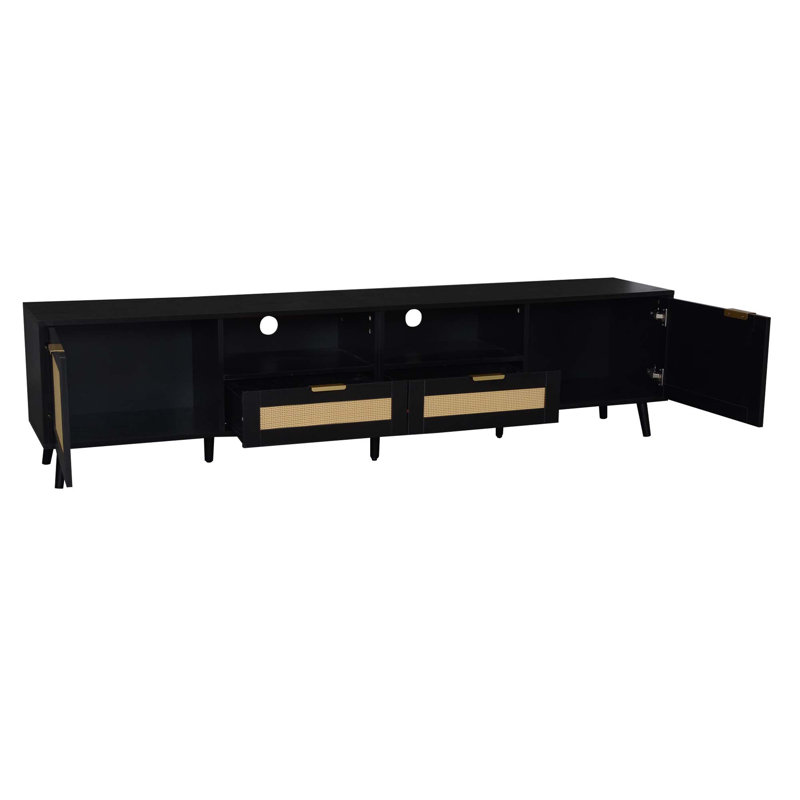 Modern Farmhouse Rattan TV Stand for TVs up to 85", Solid Wood Legs, Media Console with Ample Storage for Living Room（Black）