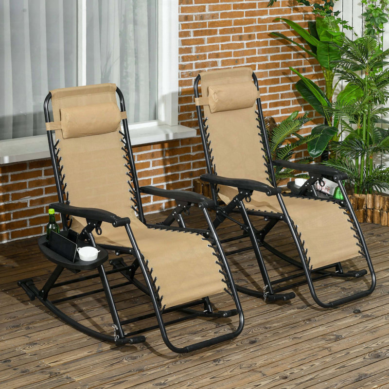 Set of 2 Foldable Zero Gravity Reclining Rocking Chairs with Cup Holders and Pillows, Beige
