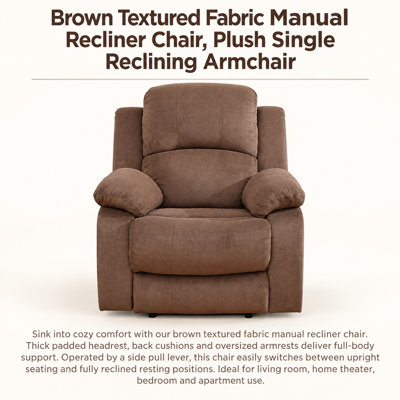 Fauteuil inclinable moderne en tissu brun, fauteuil-canapé inclinable manuel avec assise rembourrée moelleuse et repose-pieds pour une détente optimale à l'intérieur.