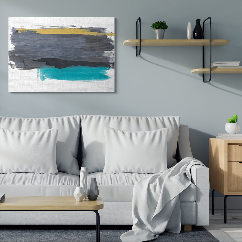 Abstrait coups de pinceau jaune et gris par Bronwyn Baker - Peinture, H 36 po x l 48 po, Toile tendue
