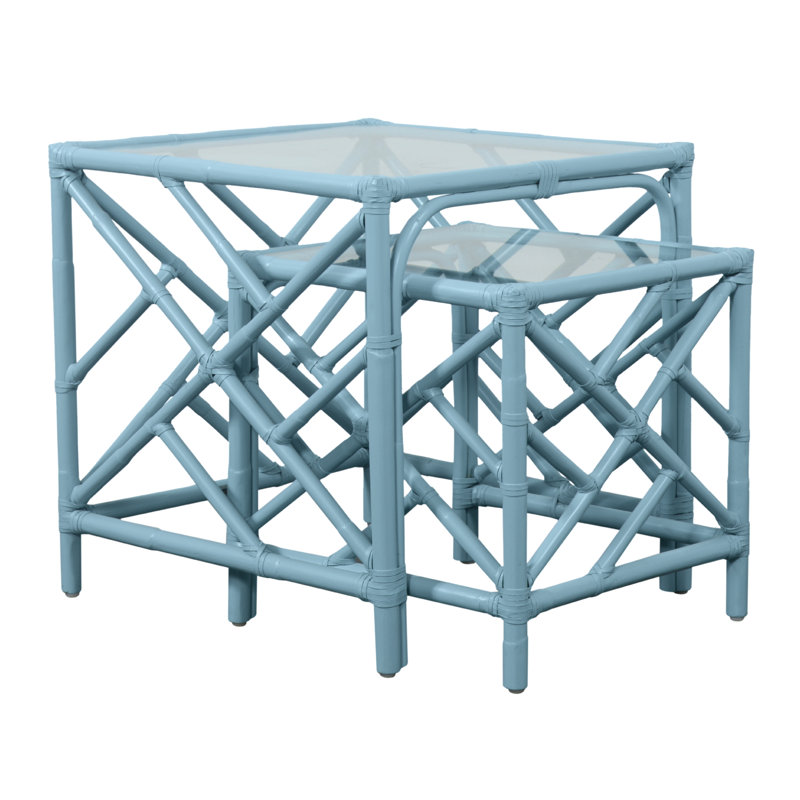 Chippendale Glass Nesting End Table, Pool Blue