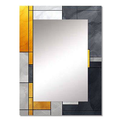 Yellow and Grey geometric fusion 1 - Geometric Mirror, Yellow Decorative Wall Mirror, Printed Metal Art