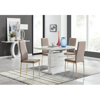 Renne Modern High Gloss Extendable Dining Table Set With 4 Quilted Faux Leather Dining Chairs