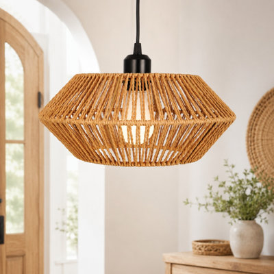 12.4" Woven Rope Pendant Light, Black Cage Hanging Light for Dining Room, Hallway & Kitchen Island