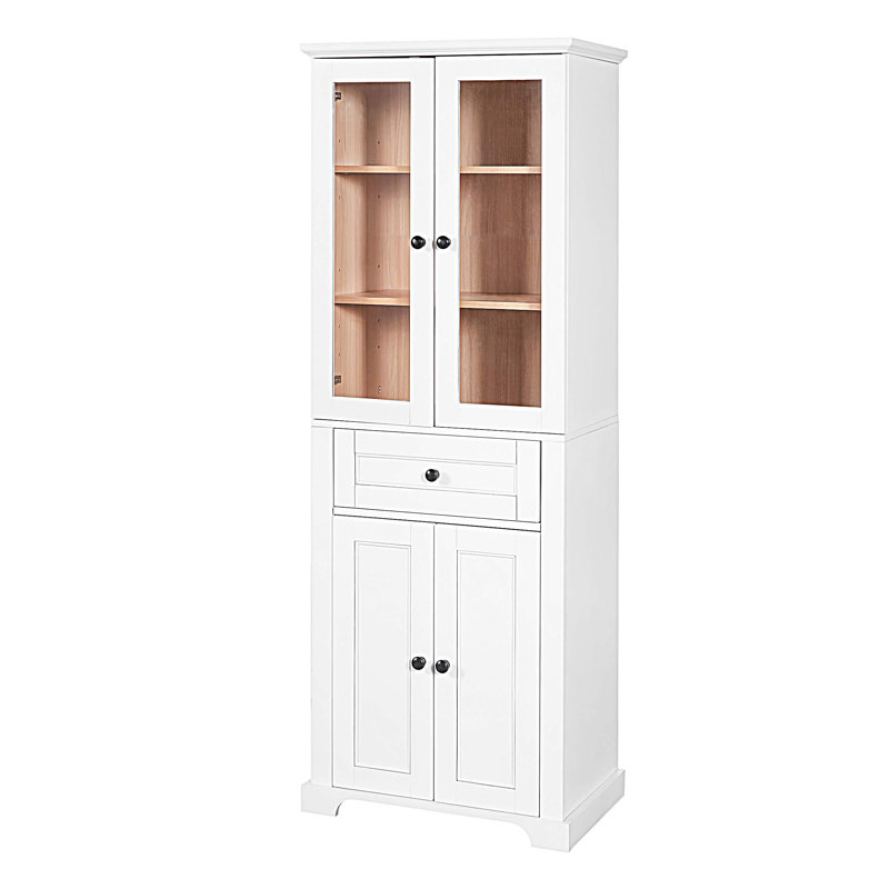 Bathroom Storage Cabinet with Tempered Glass Doors, Adjustable Shelves and Drawer, White