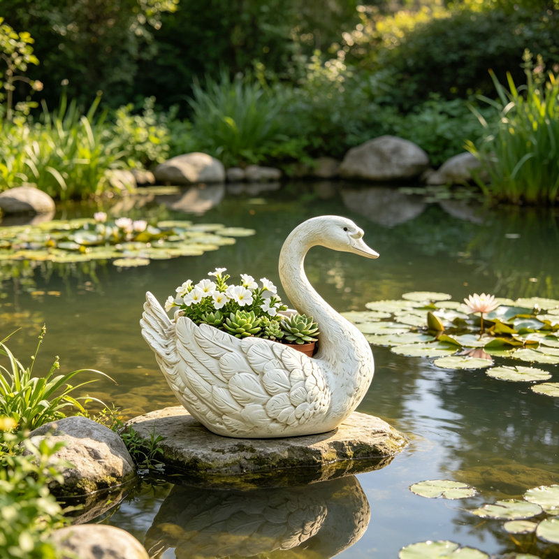 Grand pot à fleurs de cygne blanc 12,6 po avec texture de plumes détaillées pour le jardin extérieur et l'étang