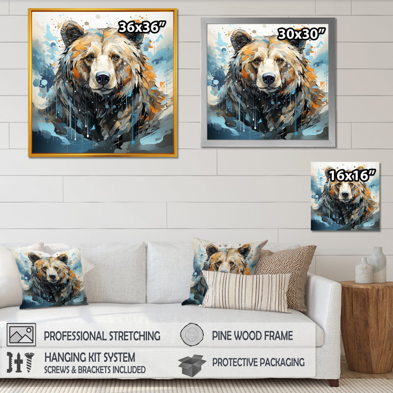 Représentation abstraite d'un mouvement d'ours sur toile, H 36 po x l 36 po x P 1,5 po, Cadre flottant doré