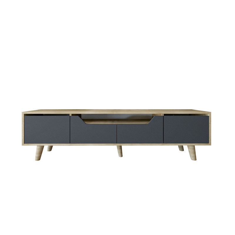Meuble télé pour téléviseur de 78 po ou moins avec 4 armoires et pieds en bois, Chêne saphir / gris anthracite
