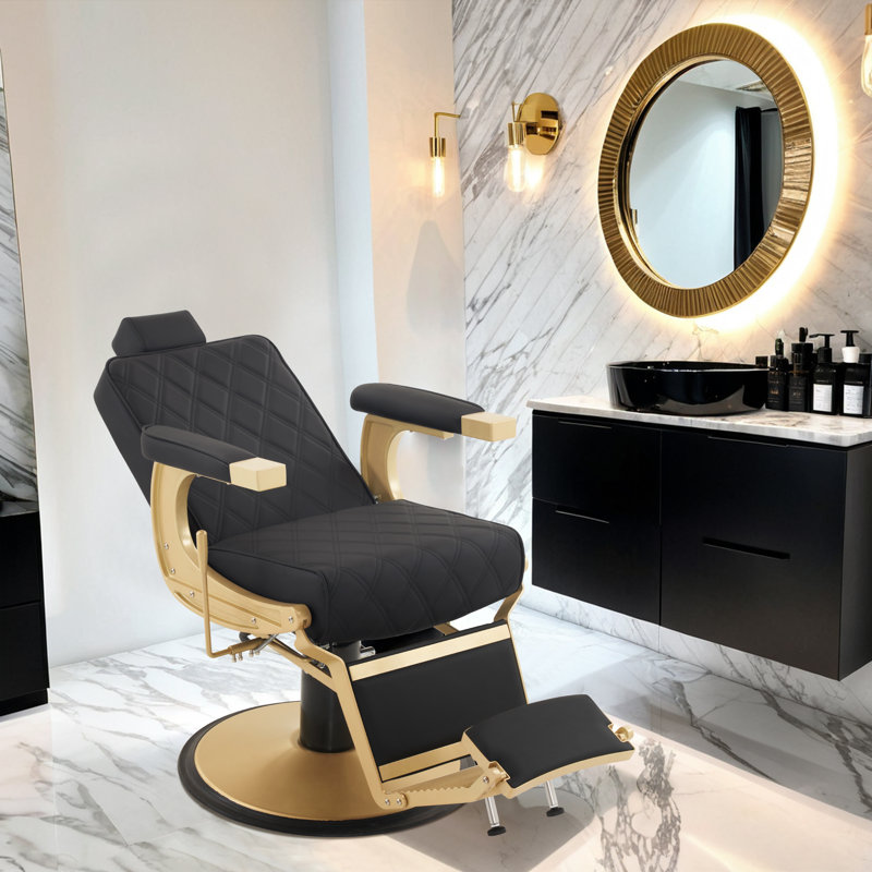 26.7" Wide Vegan Leather Heavy Duty Metal Manual Ergonomic Recliner Barber Chair, Black/Gold Faux Leather