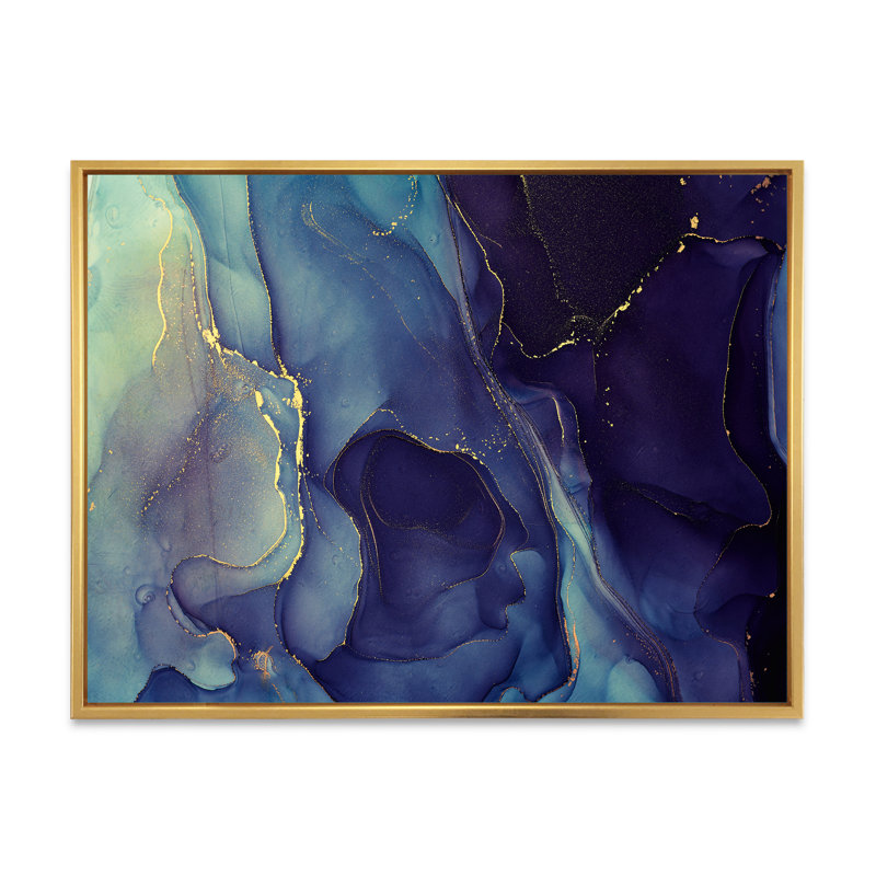 Abstrait, art mural sur toile, impression à l'encre liquide bleue, H 12 po x l 20 po, Toile avec cadre flottant, Doré