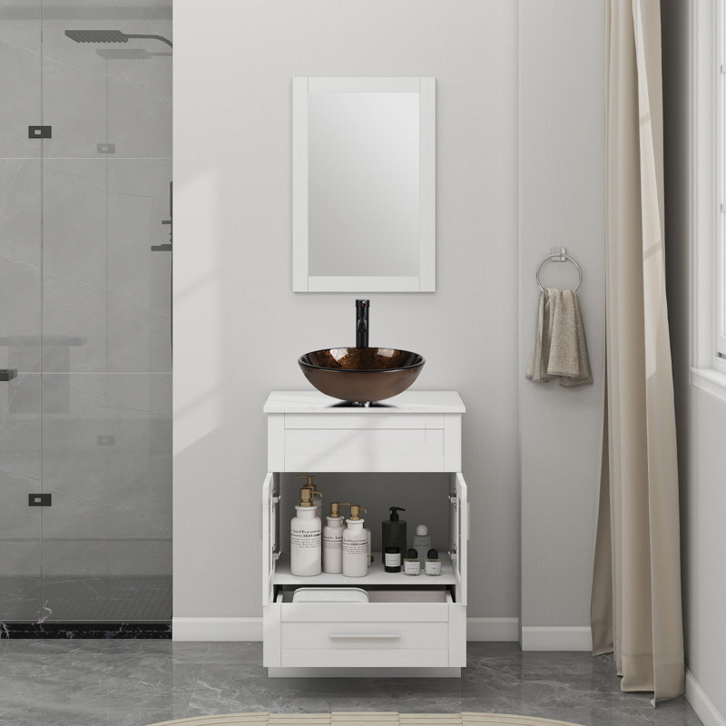 Ensemble de meuble-lavabo simple 24 po avec miroir Analyser, Brun, Blanc / Blanc
