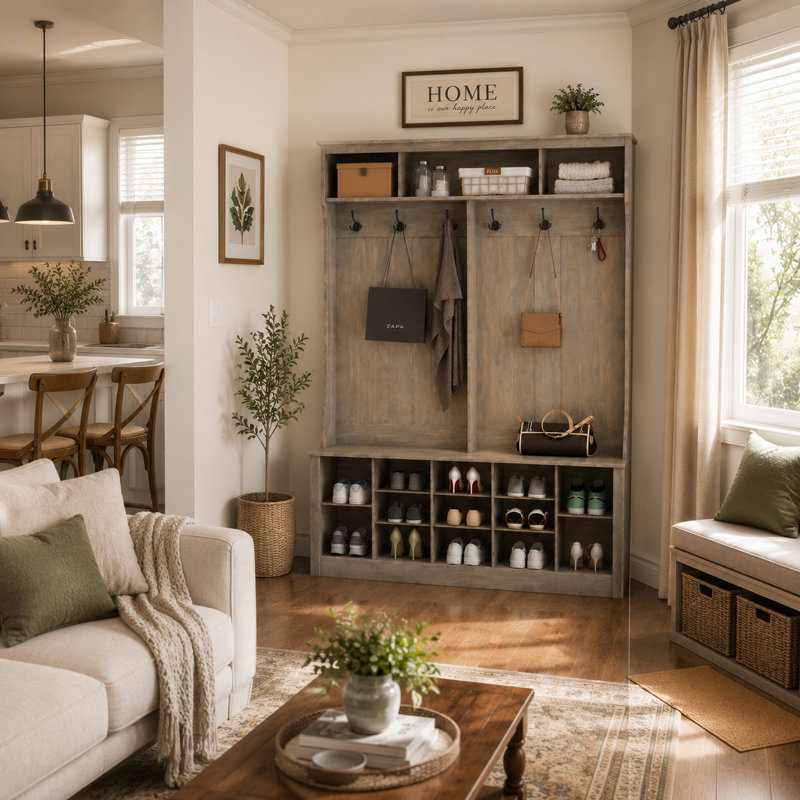 Banc de rangement pour arbre d'entrée et chaussures de 53 po de largeur avec tablettes, casiers et crochets pour vestibule, vestibule ou vestibule