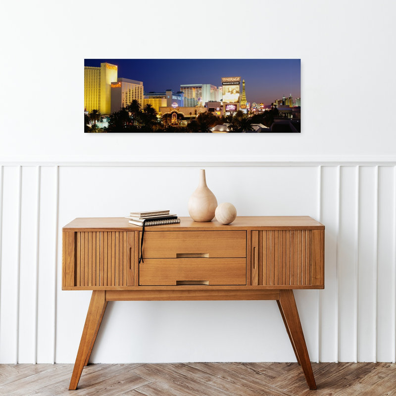 Buildings lit up at dusk Las Vegas Nevada USA 1 Piece Wrapped Canvas Panoramic Wall Art, 30.48 cm H x 91.44 cm W