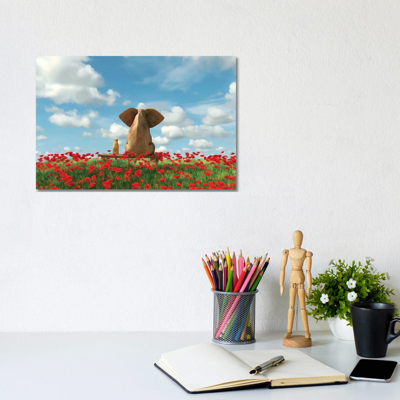 Elephant And Dog Sit On A Red Poppy Field by Mike Kiev - Wrapped Canvas Gallery-Wrapped Canvas Giclée