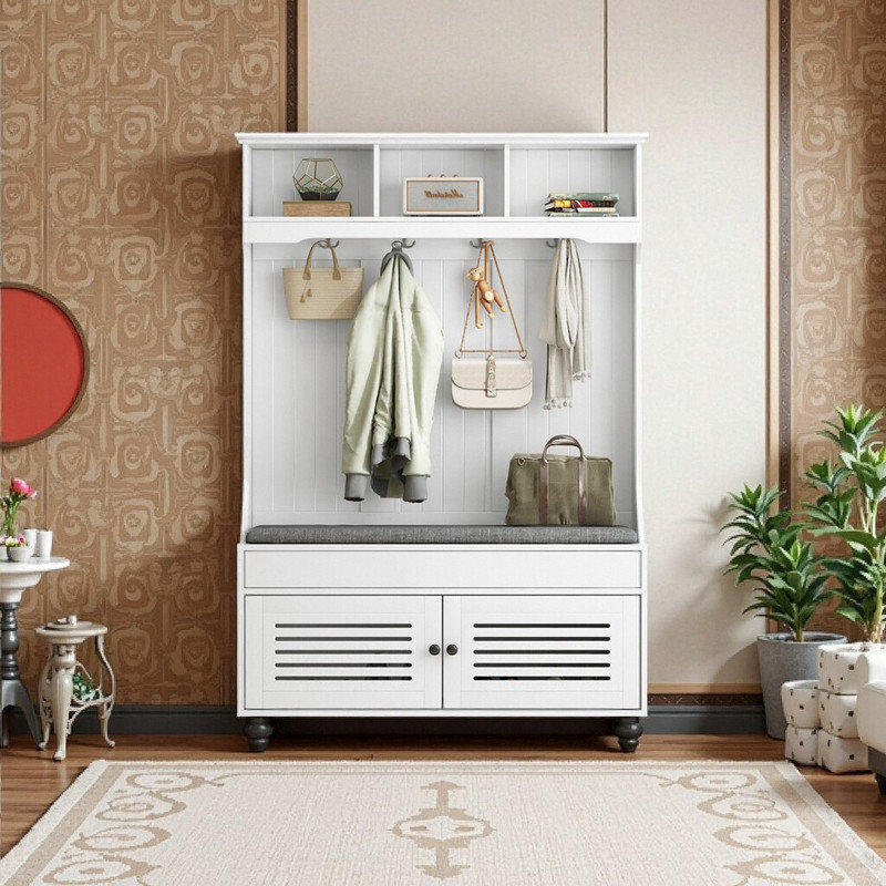Banc pour hall d'entrée de 47,2 pouces de large avec porte à volets et coussin, Blanc