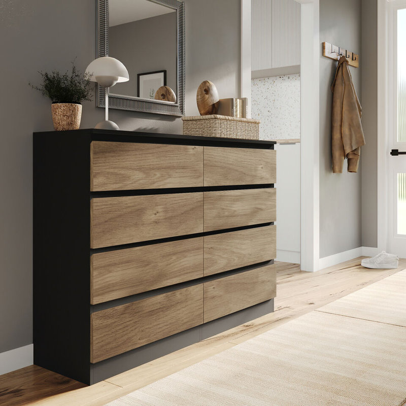 Sinahi 120cm W Chest of Drawers, Black Carcass/Oak