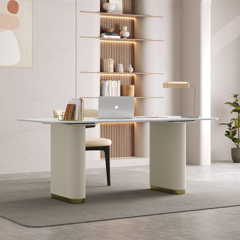 63'' Modern Simple Executive Computer Desk With Sintered Stone Top, Modern Computer Table With Fluted Legs & Gold Accents For Home Office Study