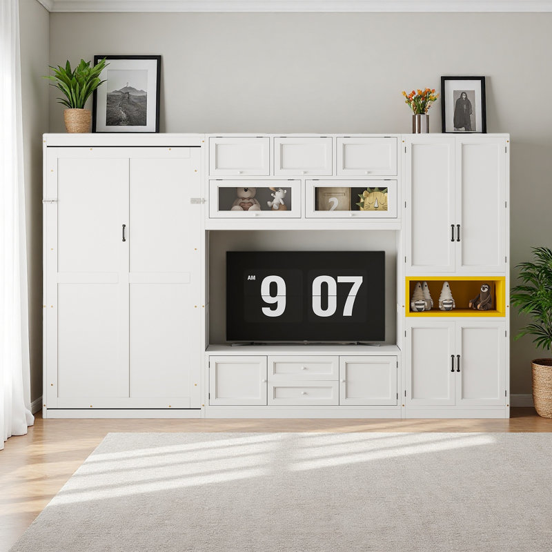 Lit escamotable simple en bois avec meuble télé, 2 tiroirs, tablettes et armoires, Blanc