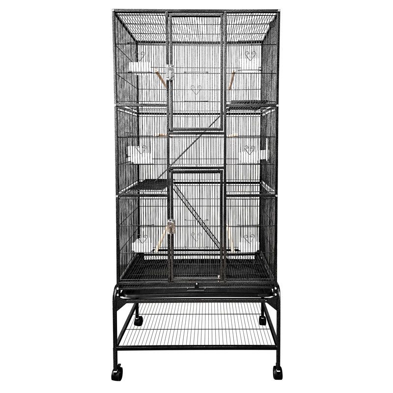 Black Multi-Level Iron Bird Cage with Ladders and Wheels