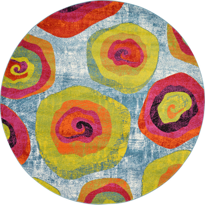 Elvia Abstract Blue/Red/Yellow Area Rug, Round 8'