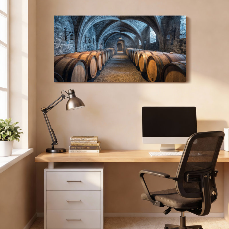 Ensemble de 1 tableau sur toile tendue représentant une cave à vin voûtée en tonneaux, 4020