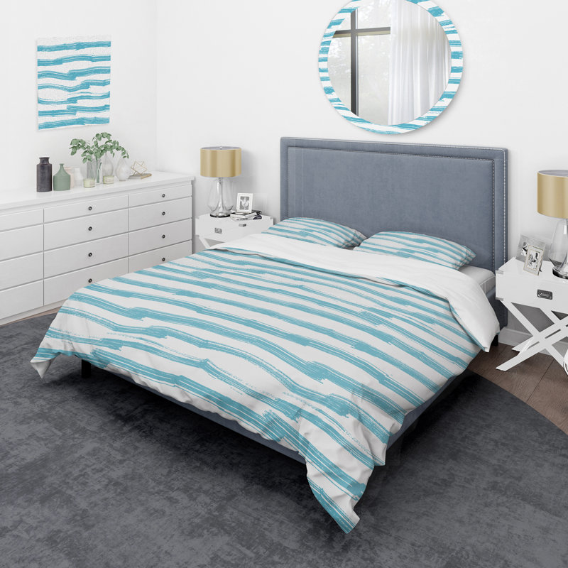 Motif à rayures bleues et blanches - Ensemble de housse de couette abstrait - Microfibre de polyester