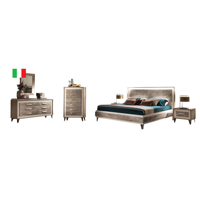 Ensemble de chambre avec très grand lit 6 pièces avec commode double Monaco, Très grand lit