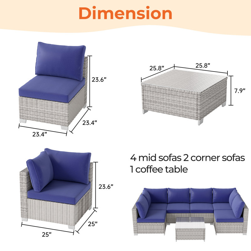 7-Piece Patio Furniture Sets,Conversation Set Sectional Sofa for Backyard, Poolside, Garden，Navy, Light Gray, Navy Blue